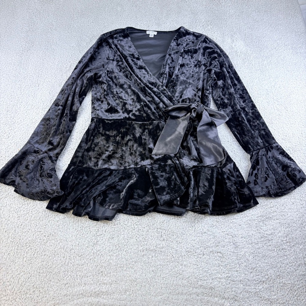 Spense Velvet Peplum Wrap Top Women M Black Bell Sleeve Burnout Holiday Goth